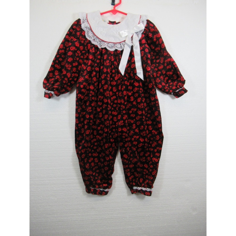 Vintage 90s Velvet Romper Baby Girl 24 Mos Red Floral Fancy Pants Bow